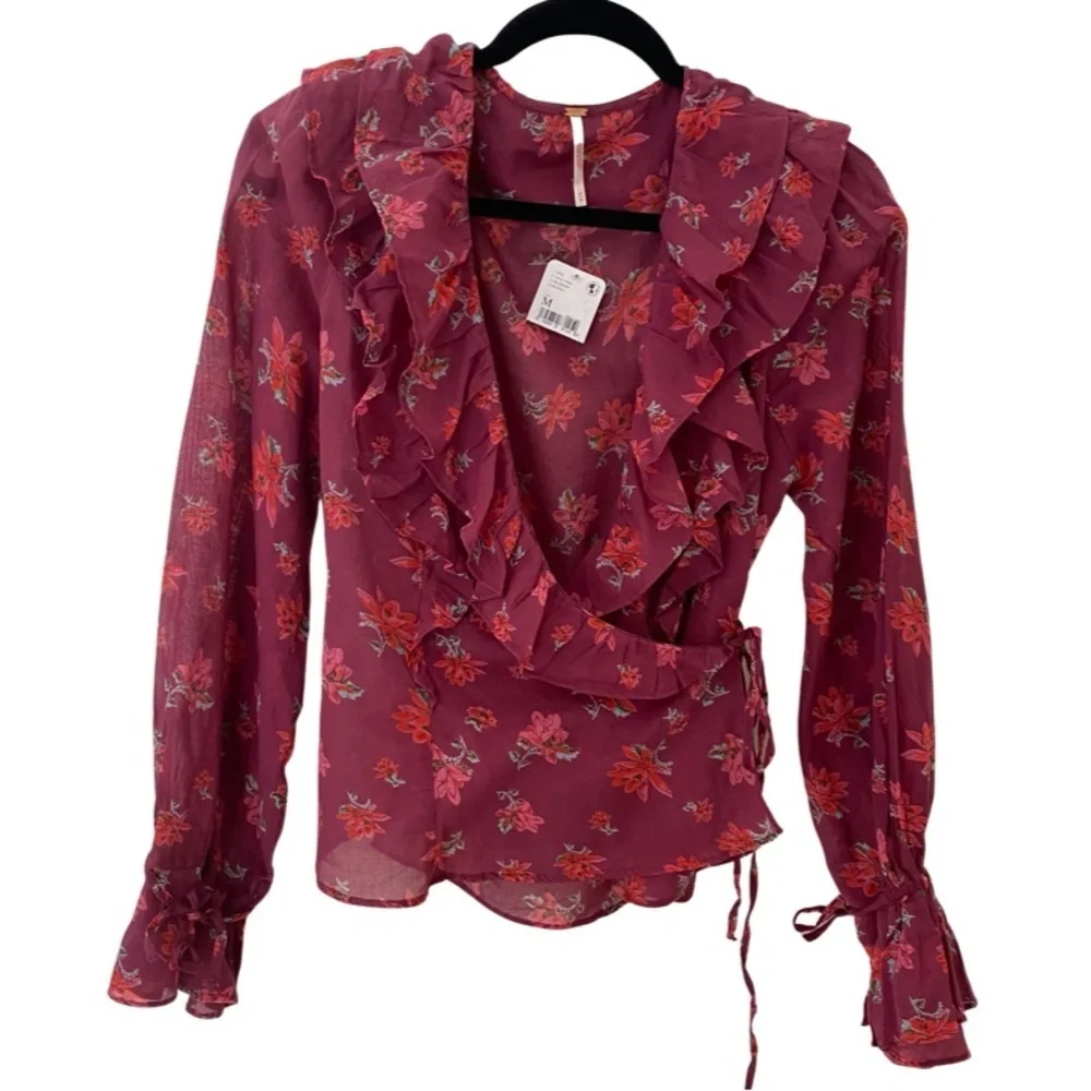 Free People Floral V-neck Long Sleeve Wrap Top